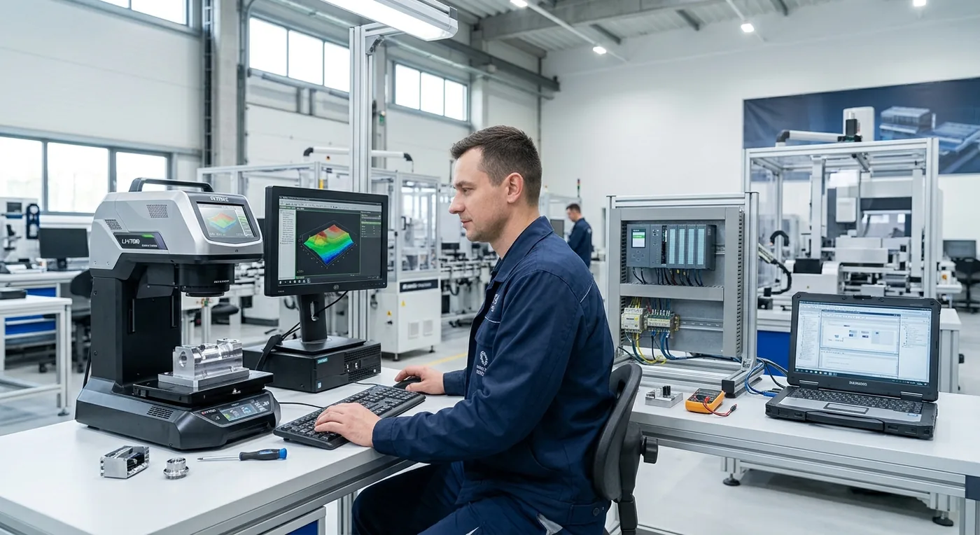 Engineer at a measurement workstation with a 3D scanner and a PLC control cabinet