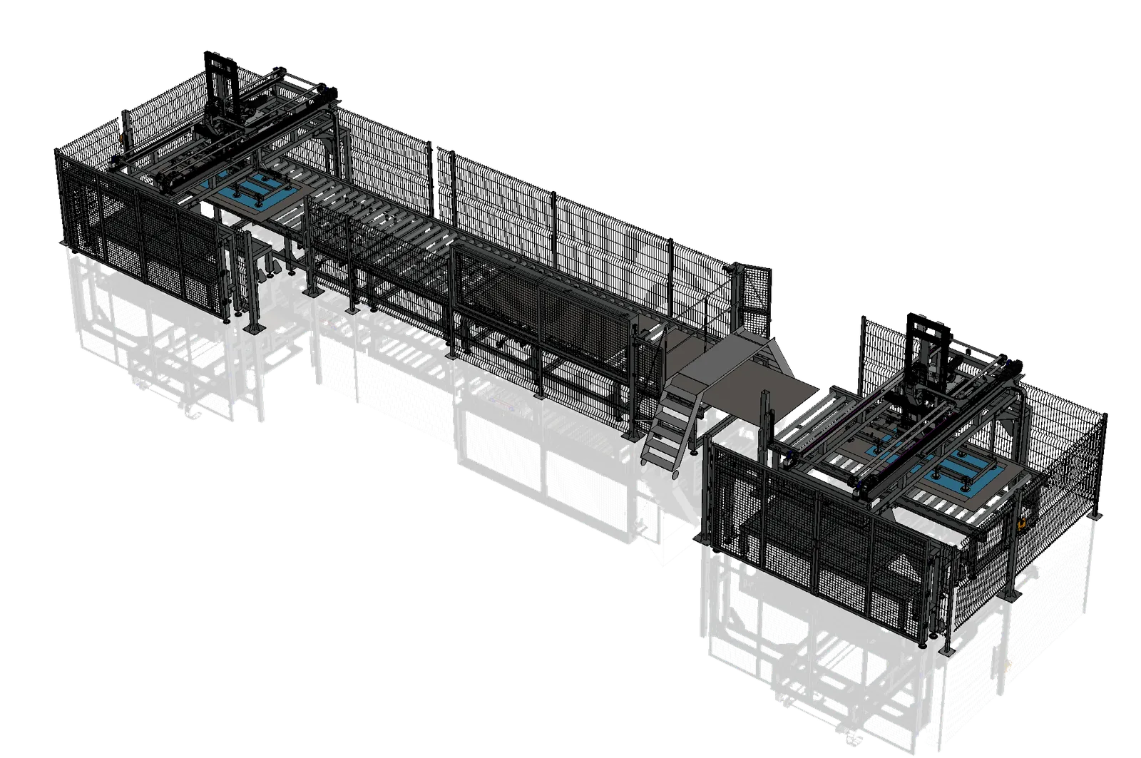 Visualisation of a sheet metal grinding and film-wrapping line with manipulators