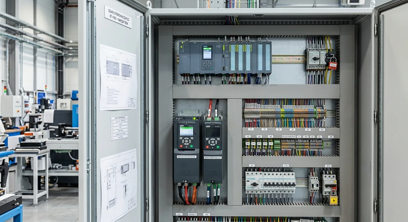 Open control cabinet with a PLC, I/O modules, frequency inverters and labelled terminal strips